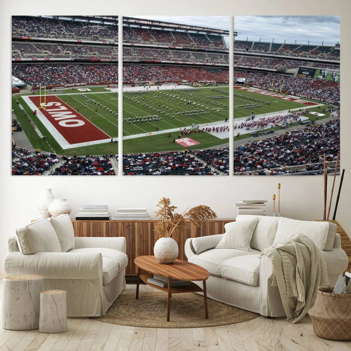 The triptych wall art depicts a vibrant sports stadium scene and captures attention. Titled "The Temple University Owls Athletics Team Print - Philadelphia Lincoln Financial Field Stadium Wall Art Canvas Print," each piece is handmade in the USA on premium canvas, adding an authentic touch to your decor.