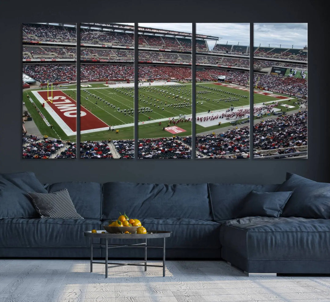 The triptych wall art depicts a vibrant sports stadium scene and captures attention. Titled "The Temple University Owls Athletics Team Print - Philadelphia Lincoln Financial Field Stadium Wall Art Canvas Print," each piece is handmade in the USA on premium canvas, adding an authentic touch to your decor.