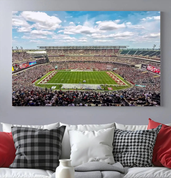 The Temple University Owls Athletics Team Print - Philadelphia Lincoln Financial Field Stadium Wall Art Canvas Print captures the vibrant energy of a bustling football stadium during a game. With its gallery-quality finish, it brings sophistication and becomes an irresistible piece of wall art for any sports enthusiast's space.