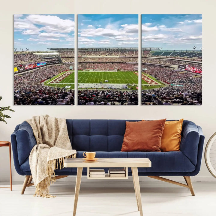 The Temple University Owls Athletics Team Print - Philadelphia Lincoln Financial Field Stadium Wall Art Canvas Print captures the vibrant energy of a bustling football stadium during a game. With its gallery-quality finish, it brings sophistication and becomes an irresistible piece of wall art for any sports enthusiast's space.