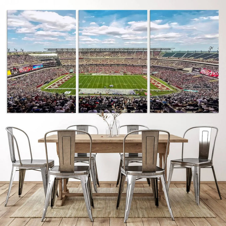 The Temple University Owls Athletics Team Print - Philadelphia Lincoln Financial Field Stadium Wall Art Canvas Print captures the vibrant energy of a bustling football stadium during a game. With its gallery-quality finish, it brings sophistication and becomes an irresistible piece of wall art for any sports enthusiast's space.