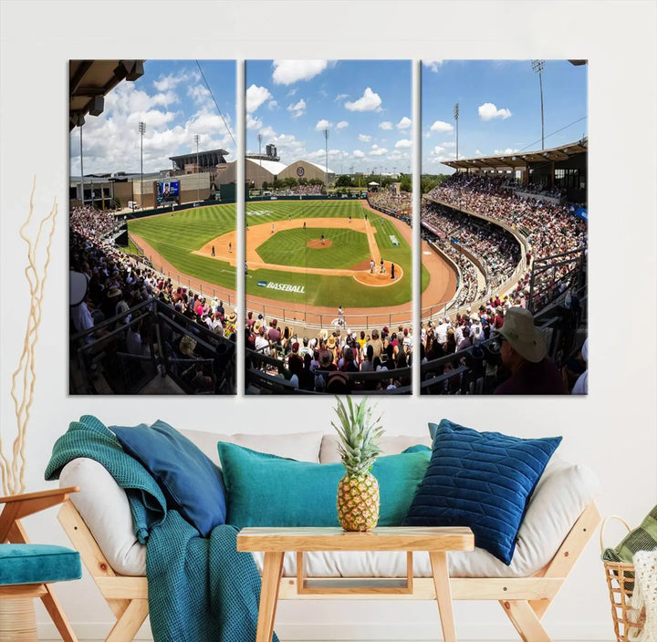 Experience the grandeur of Kyle Field with "The Texas A&M University Aggies Athletics Team Print" – a canvas print capturing a view from a luxury suite, offering an impressive perspective of the bustling stadium.