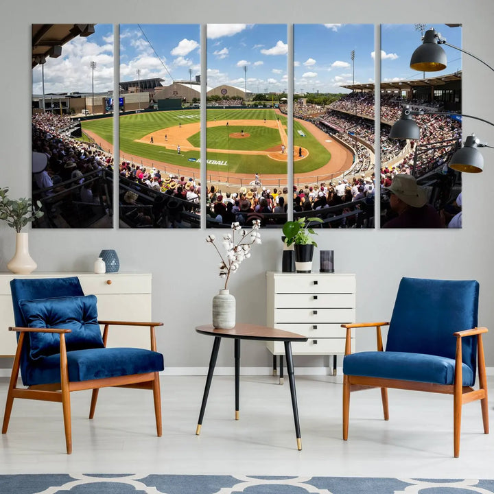 Experience the grandeur of Kyle Field with "The Texas A&M University Aggies Athletics Team Print" – a canvas print capturing a view from a luxury suite, offering an impressive perspective of the bustling stadium.