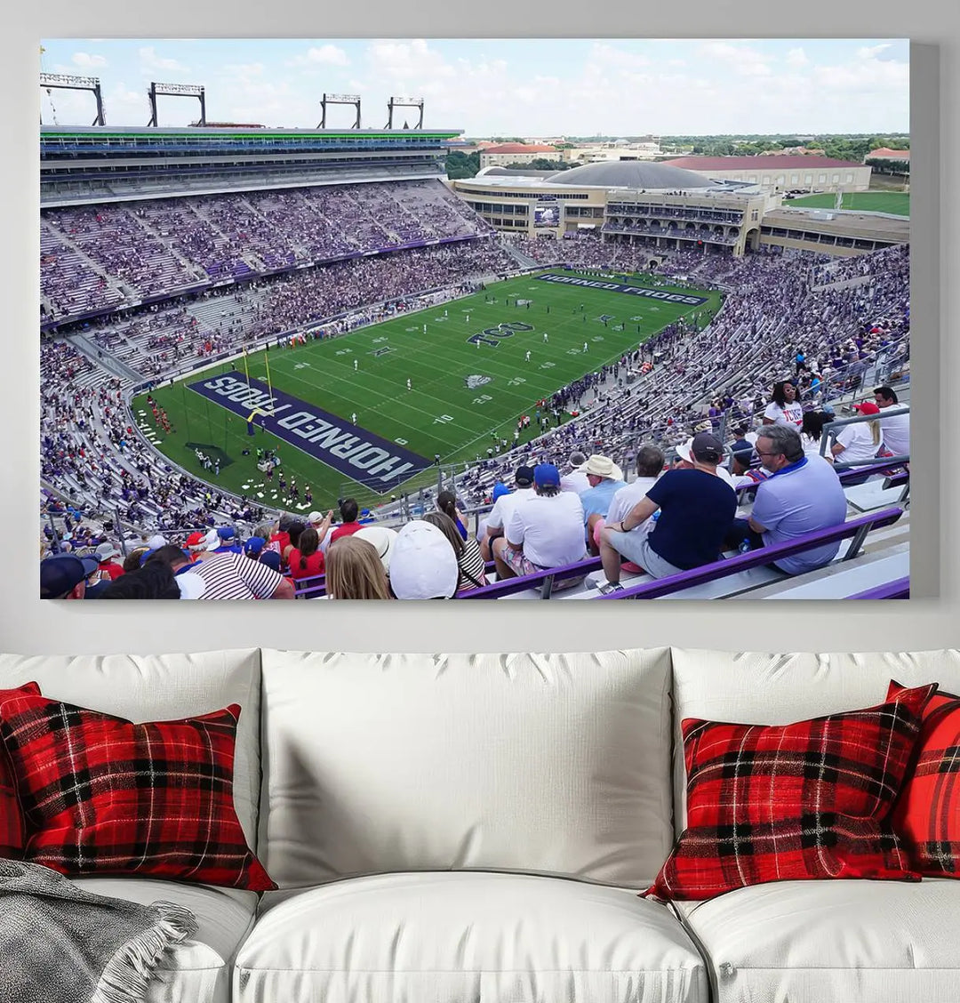 The Texas Christian University TCU Horned Frogs Football Team Print, featuring a stunning view of the packed Amon G. Carter Stadium in Fort Worth, is elegantly displayed with its gallery-quality canvas finish adding a sophisticated touch.