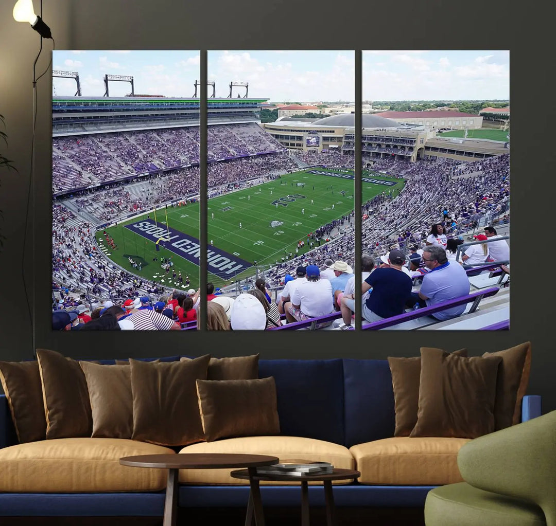 The Texas Christian University TCU Horned Frogs Football Team Print, featuring a stunning view of the packed Amon G. Carter Stadium in Fort Worth, is elegantly displayed with its gallery-quality canvas finish adding a sophisticated touch.