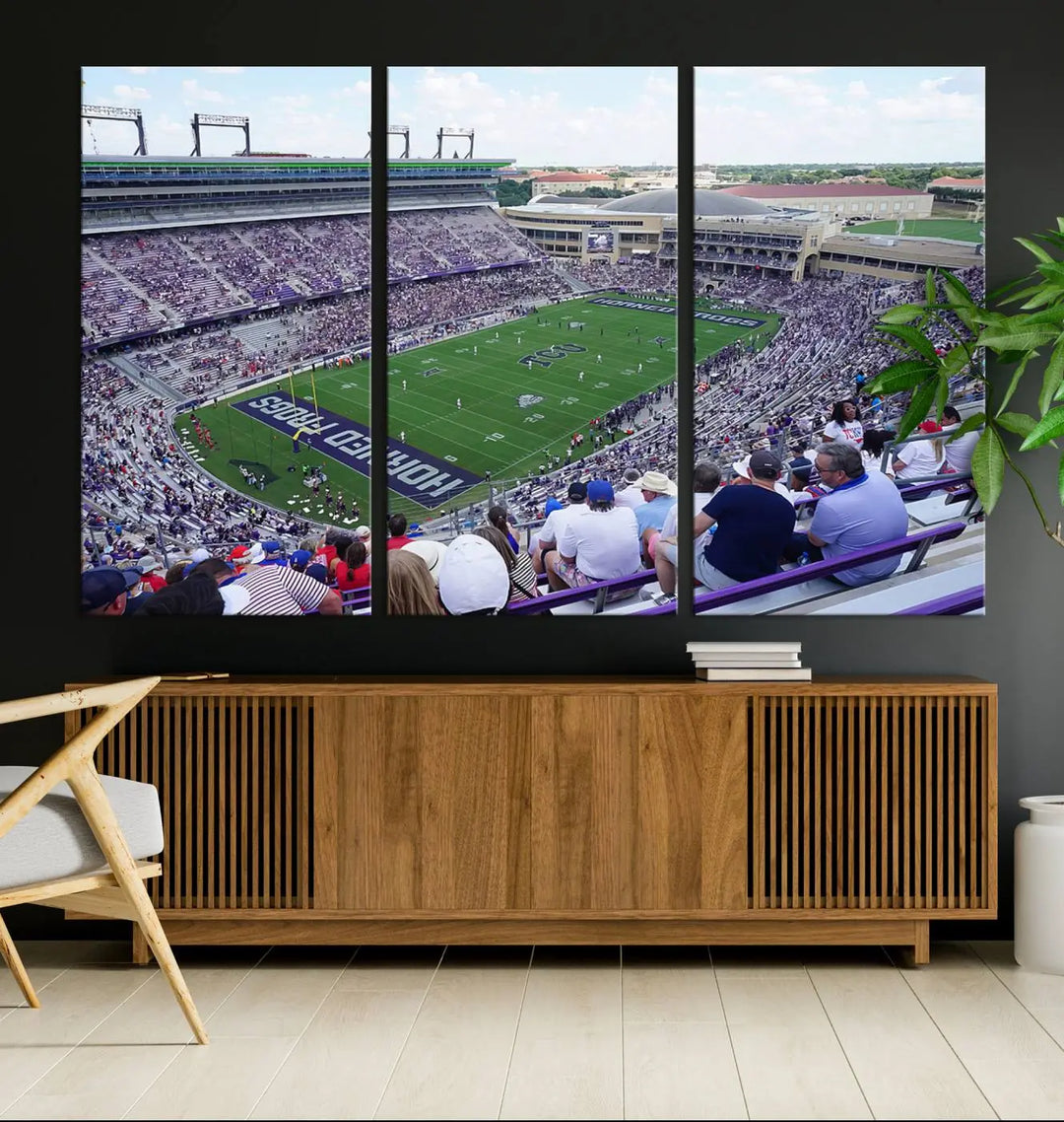 The Texas Christian University TCU Horned Frogs Football Team Print, featuring a stunning view of the packed Amon G. Carter Stadium in Fort Worth, is elegantly displayed with its gallery-quality canvas finish adding a sophisticated touch.