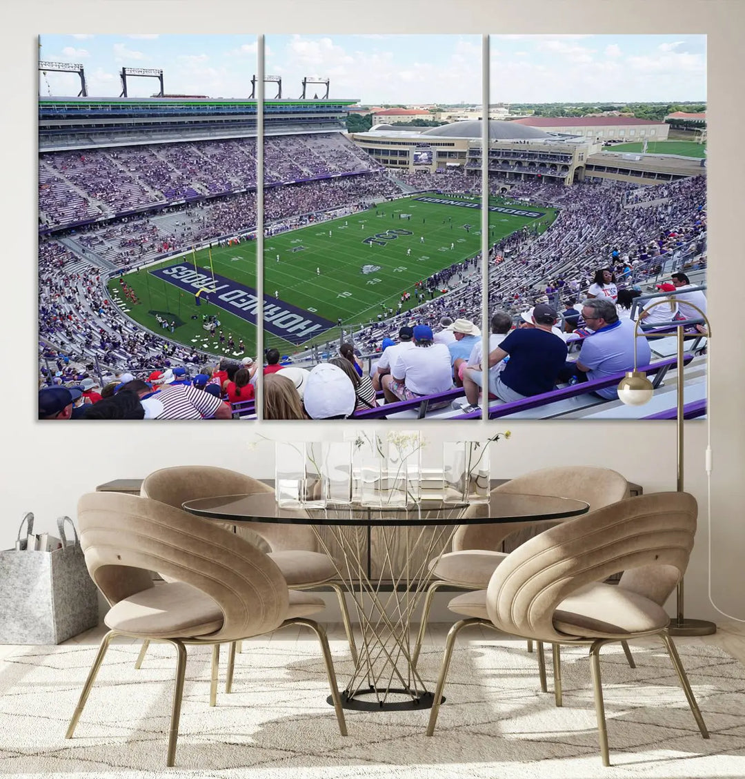 The Texas Christian University TCU Horned Frogs Football Team Print, featuring a stunning view of the packed Amon G. Carter Stadium in Fort Worth, is elegantly displayed with its gallery-quality canvas finish adding a sophisticated touch.