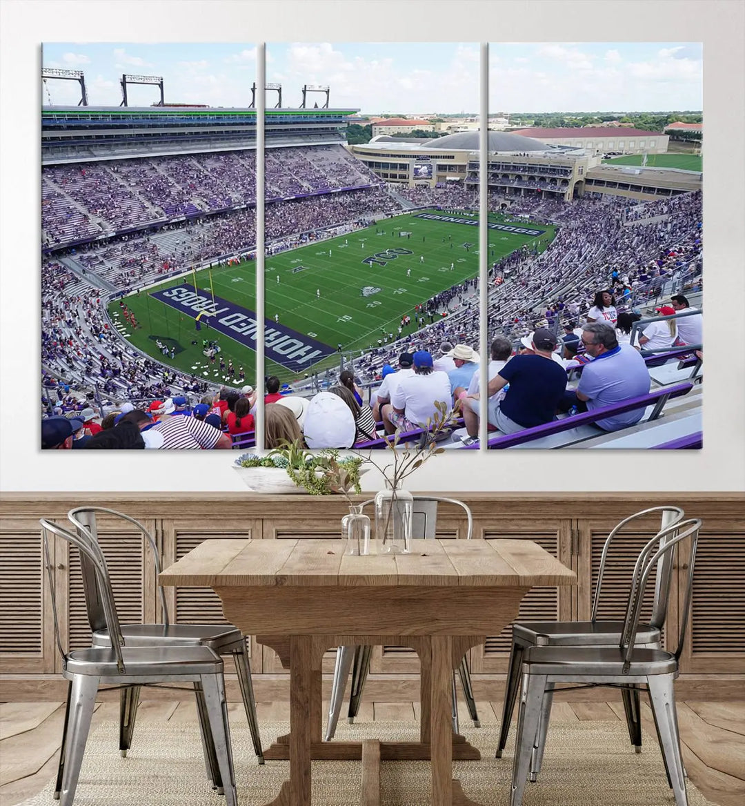 The Texas Christian University TCU Horned Frogs Football Team Print, featuring a stunning view of the packed Amon G. Carter Stadium in Fort Worth, is elegantly displayed with its gallery-quality canvas finish adding a sophisticated touch.