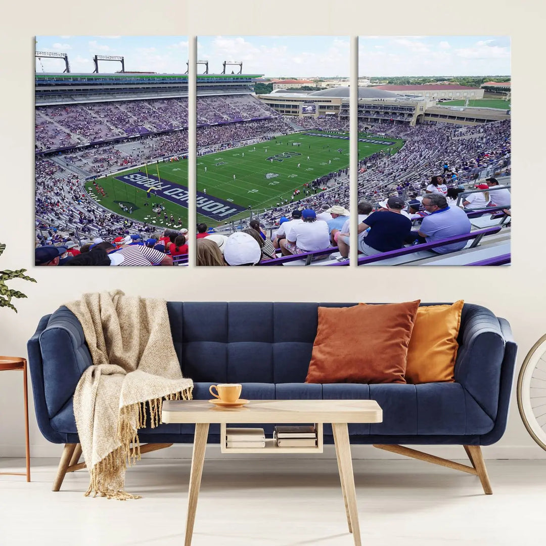 The Texas Christian University TCU Horned Frogs Football Team Print, featuring a stunning view of the packed Amon G. Carter Stadium in Fort Worth, is elegantly displayed with its gallery-quality canvas finish adding a sophisticated touch.