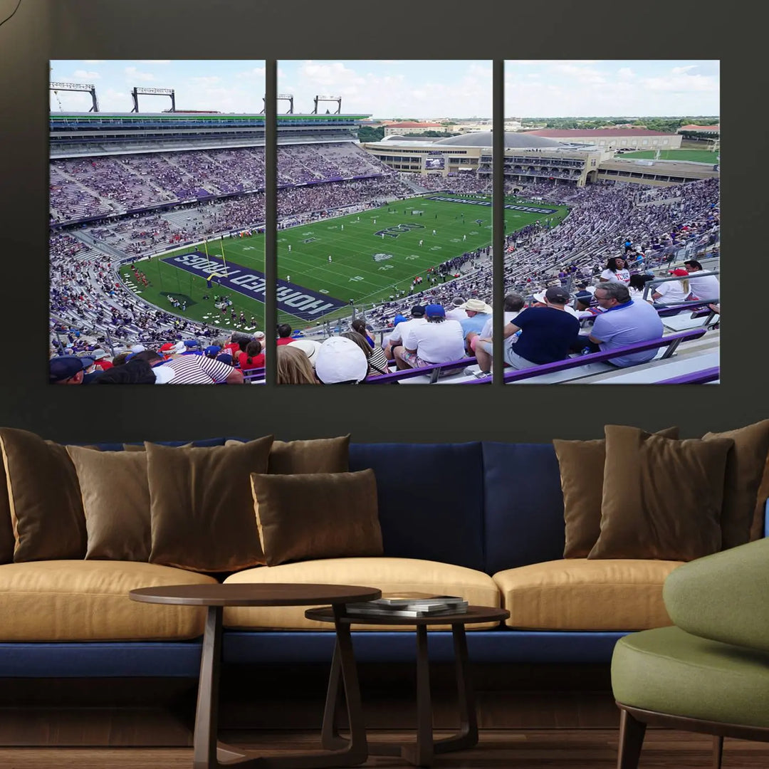 The Texas Christian University TCU Horned Frogs Football Team Print, featuring a stunning view of the packed Amon G. Carter Stadium in Fort Worth, is elegantly displayed with its gallery-quality canvas finish adding a sophisticated touch.