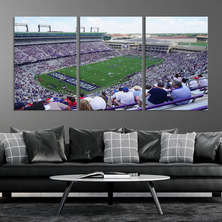 The Texas Christian University TCU Horned Frogs Football Team Print, featuring a stunning view of the packed Amon G. Carter Stadium in Fort Worth, is elegantly displayed with its gallery-quality canvas finish adding a sophisticated touch.