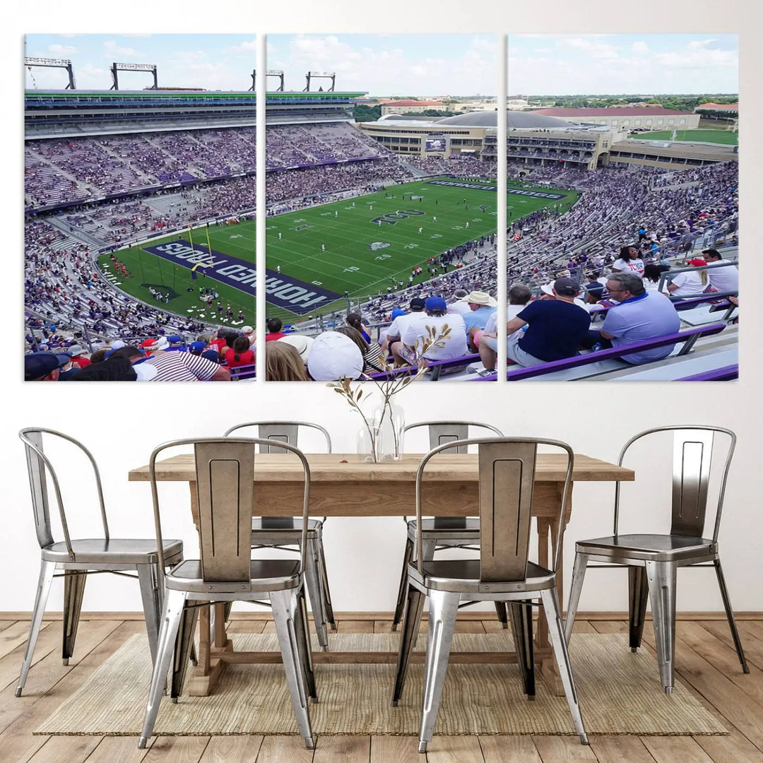 The Texas Christian University TCU Horned Frogs Football Team Print, featuring a stunning view of the packed Amon G. Carter Stadium in Fort Worth, is elegantly displayed with its gallery-quality canvas finish adding a sophisticated touch.