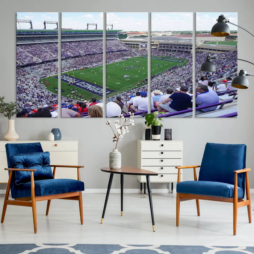 The Texas Christian University TCU Horned Frogs Football Team Print, featuring a stunning view of the packed Amon G. Carter Stadium in Fort Worth, is elegantly displayed with its gallery-quality canvas finish adding a sophisticated touch.