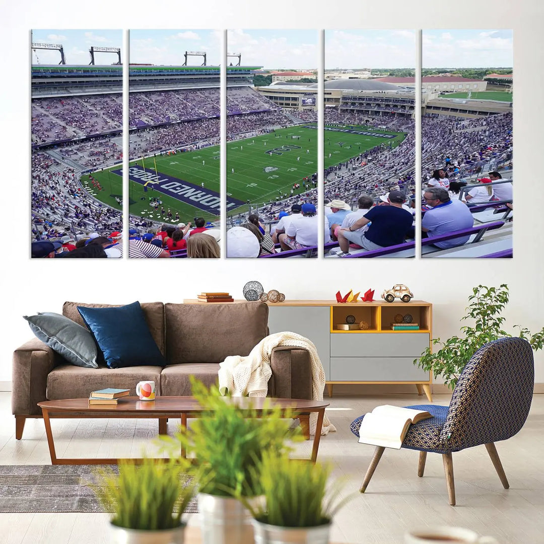 The Texas Christian University TCU Horned Frogs Football Team Print, featuring a stunning view of the packed Amon G. Carter Stadium in Fort Worth, is elegantly displayed with its gallery-quality canvas finish adding a sophisticated touch.