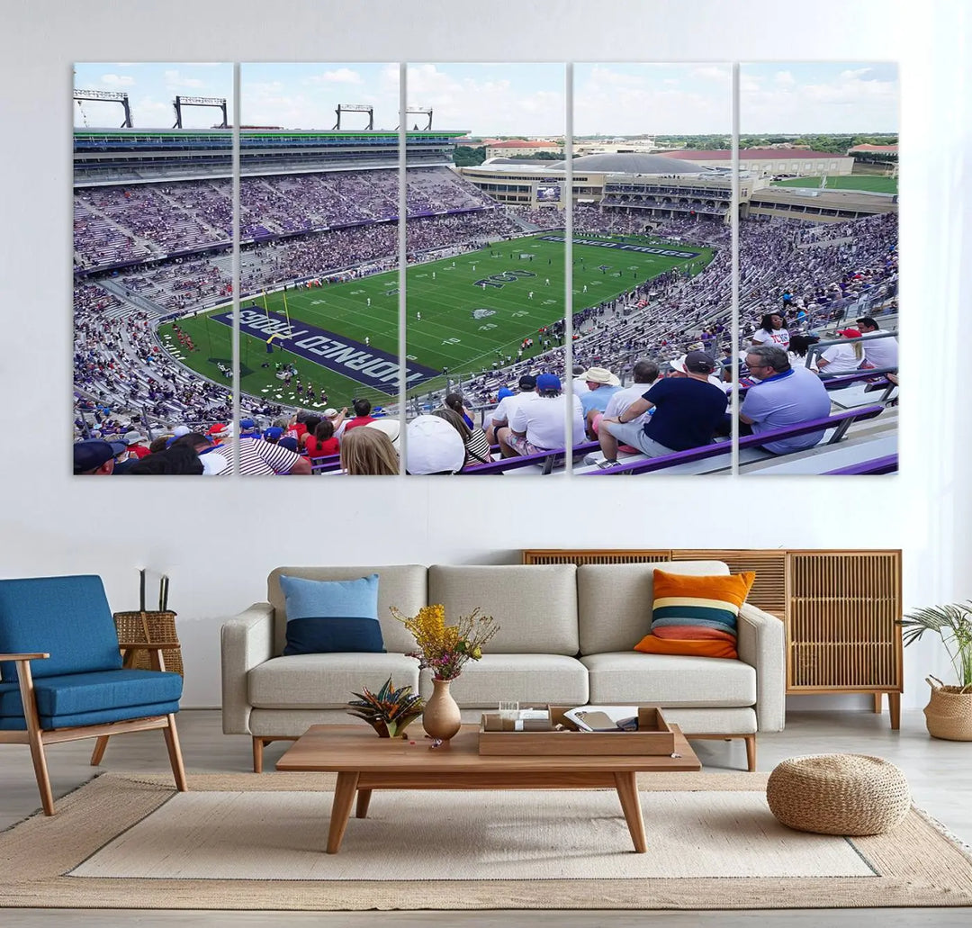 The Texas Christian University TCU Horned Frogs Football Team Print, featuring a stunning view of the packed Amon G. Carter Stadium in Fort Worth, is elegantly displayed with its gallery-quality canvas finish adding a sophisticated touch.