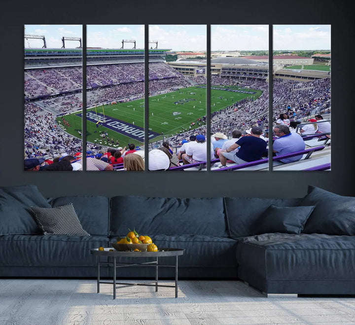 The Texas Christian University TCU Horned Frogs Football Team Print, featuring a stunning view of the packed Amon G. Carter Stadium in Fort Worth, is elegantly displayed with its gallery-quality canvas finish adding a sophisticated touch.