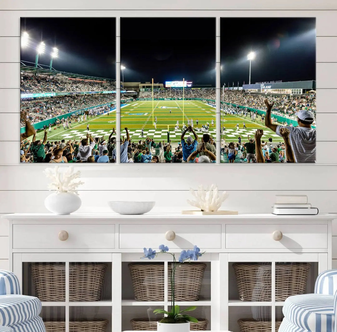 The Tulane University Green Wave Football Team Print, a vibrant canvas featuring New Orleans' Yulman Stadium, provides a gallery-quality finish that elevates any room.