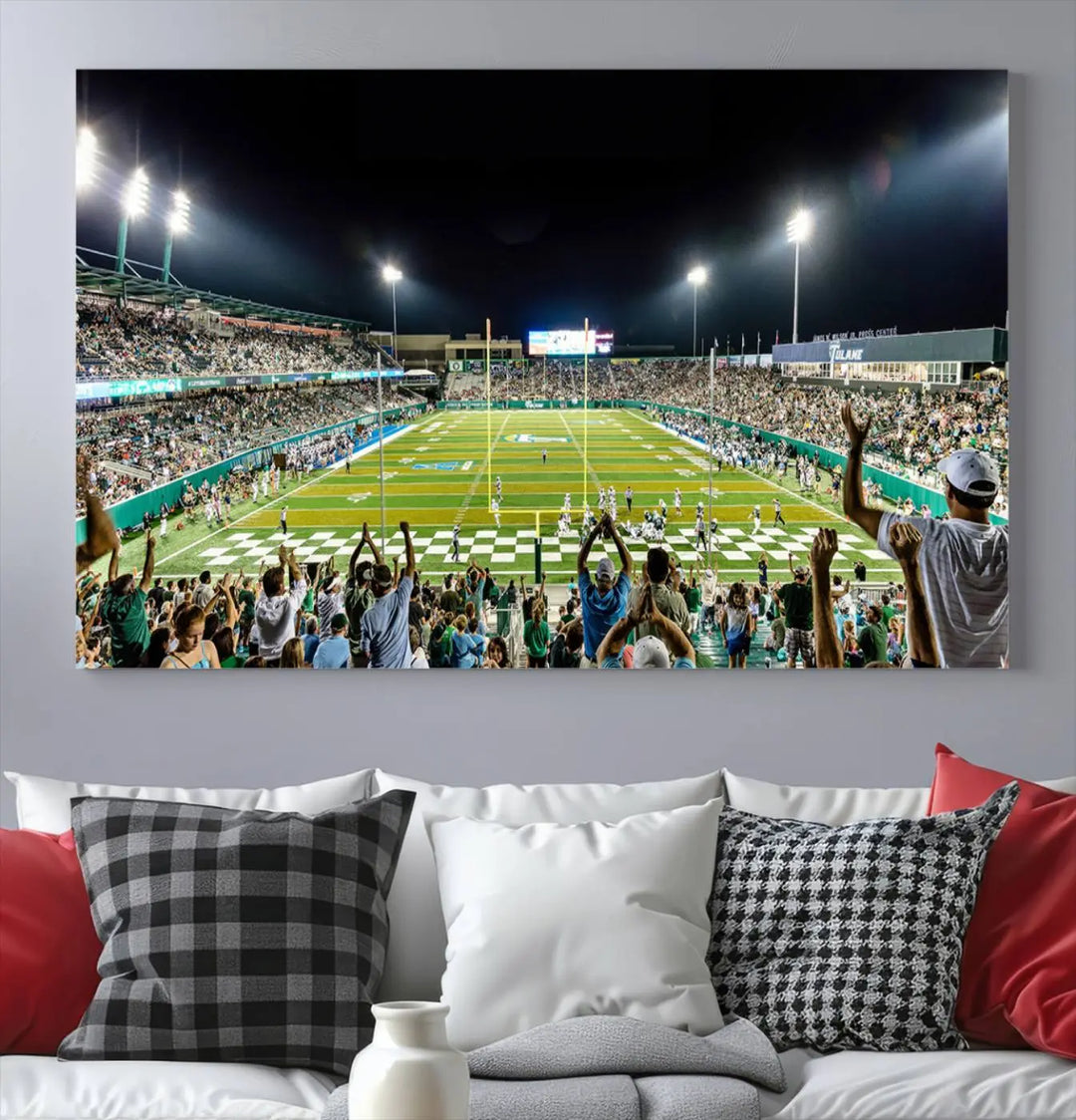 The Tulane University Green Wave Football Team Print, a vibrant canvas featuring New Orleans' Yulman Stadium, provides a gallery-quality finish that elevates any room.