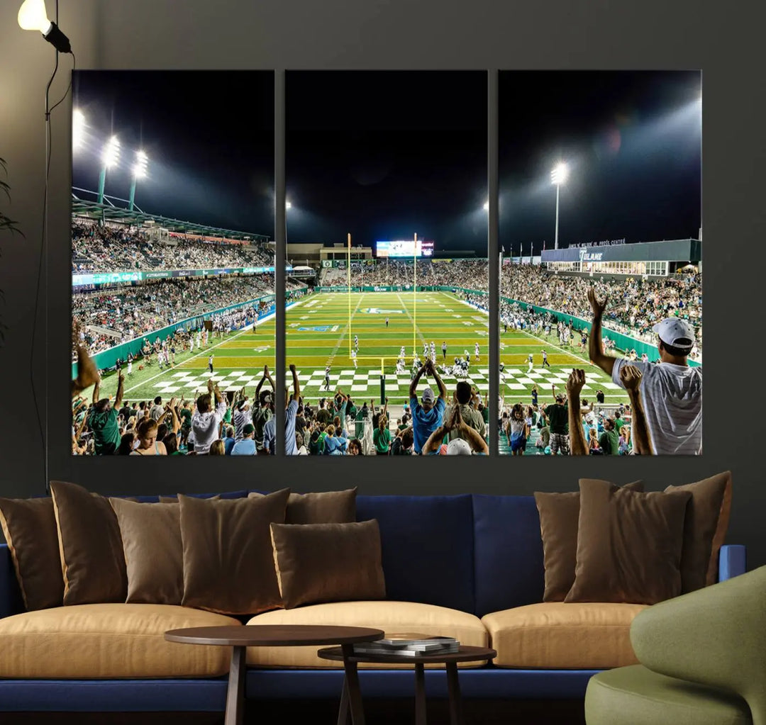 The Tulane University Green Wave Football Team Print, a vibrant canvas featuring New Orleans' Yulman Stadium, provides a gallery-quality finish that elevates any room.