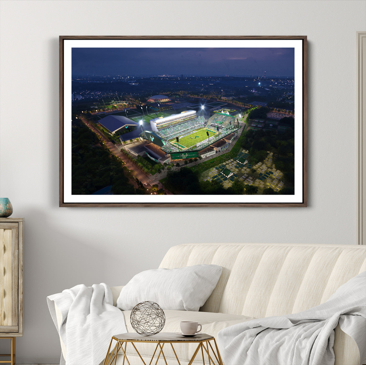 27554-MGC-FP-36x24_Walnut-The University of South Florida Bulls Football Team Print - Tampa USF Football Stadium Wall Art Canvas Print