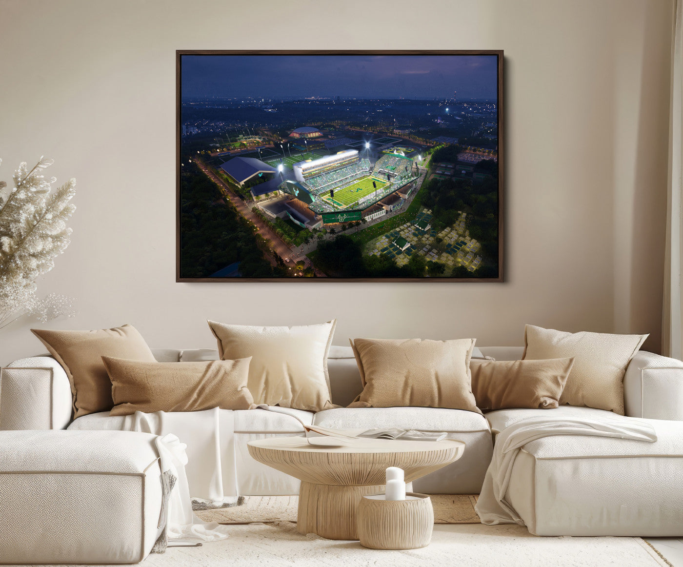 27554-MGV-FC-36X24_Walnut-The University of South Florida Bulls Football Team Print - Tampa USF Football Stadium Wall Art Canvas Print