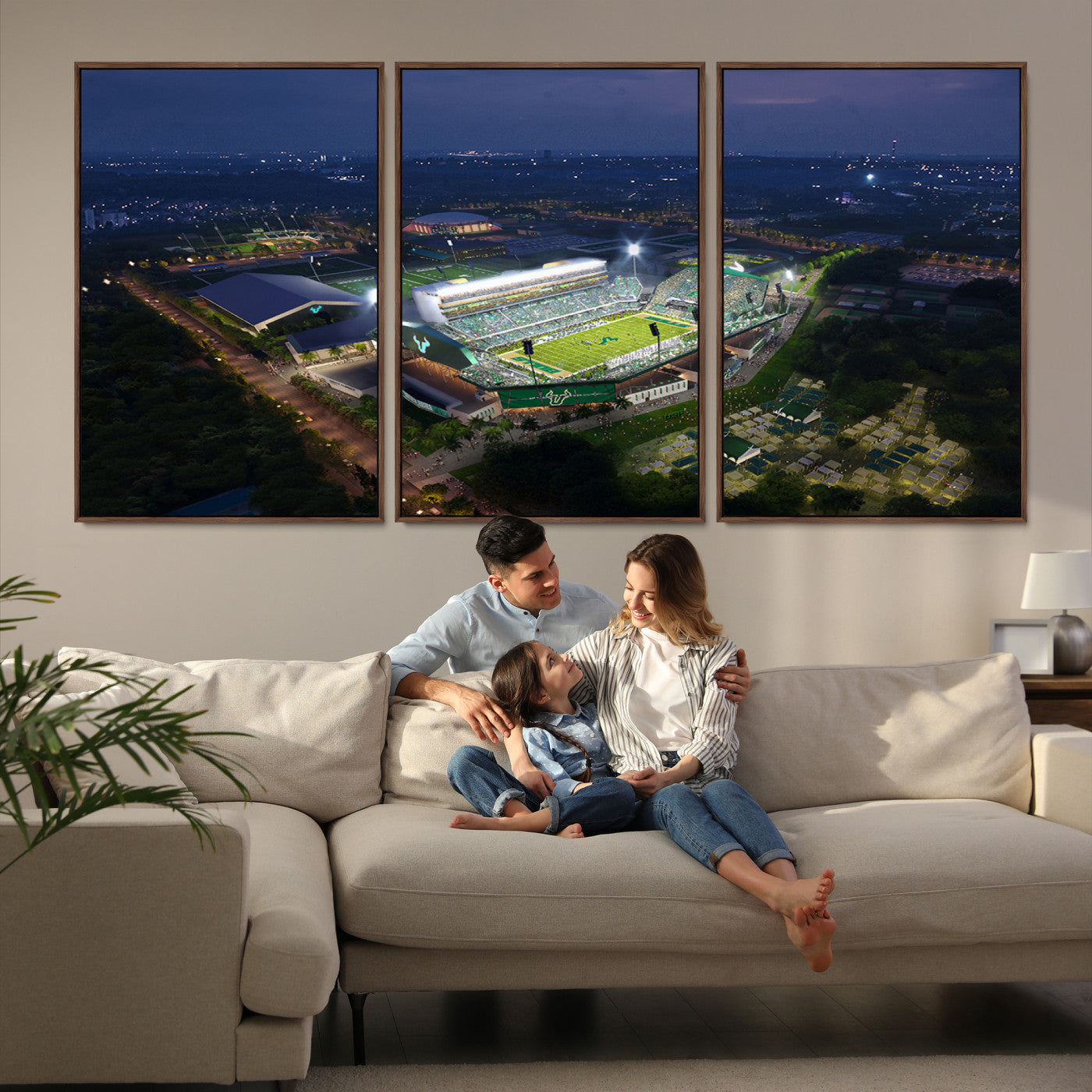 27554-MGV-FC-60X30-3P_Walnut-The University of South Florida Bulls Football Team Print - Tampa USF Football Stadium Wall Art Canvas Print