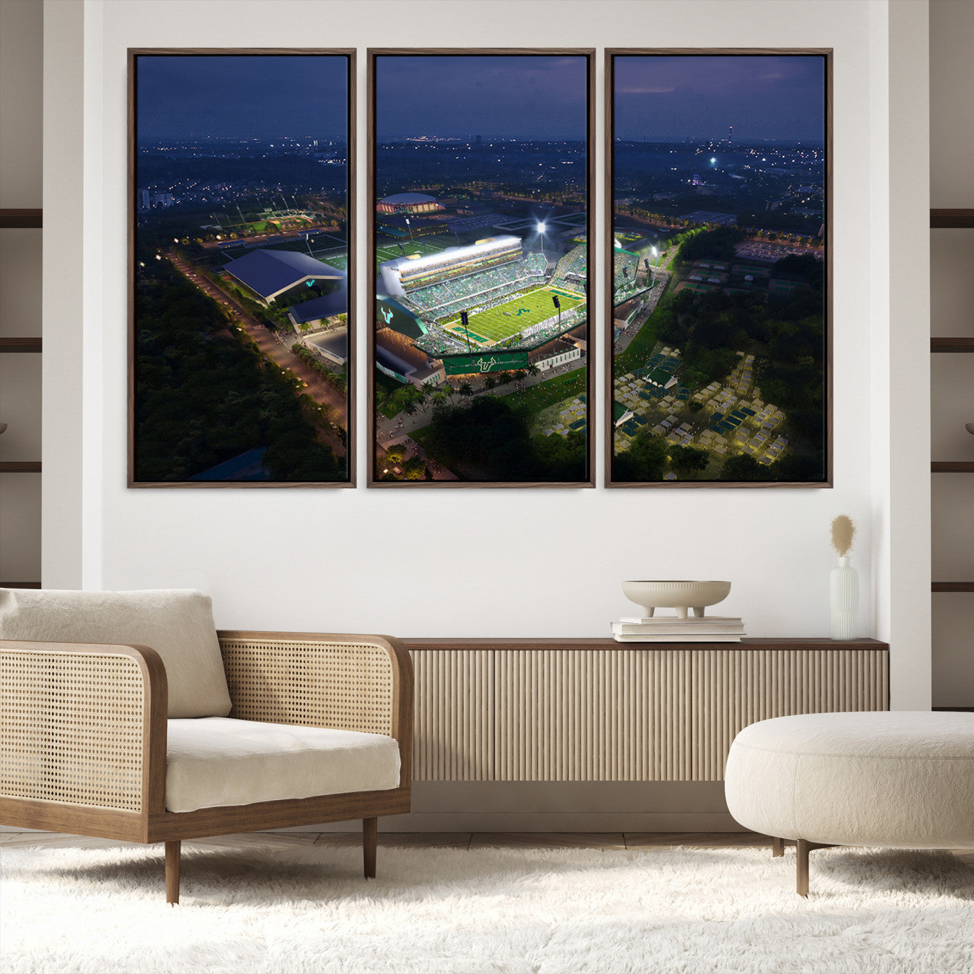 27554-MGV-FC-60X40-3P_Walnut-The University of South Florida Bulls Football Team Print - Tampa USF Football Stadium Wall Art Canvas Print