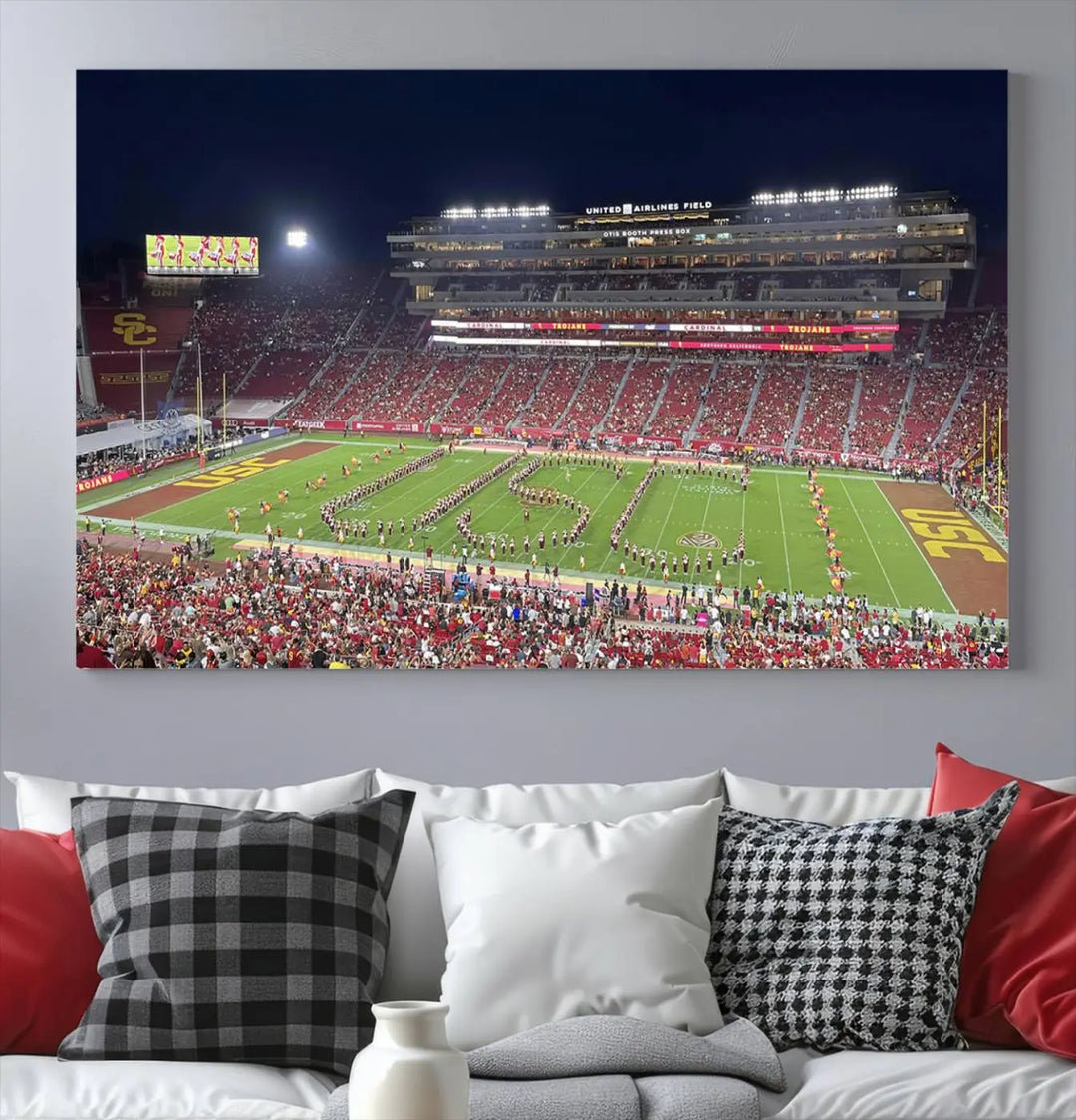 The University of Southern California USC Trojans Football Team Print - Los Angeles Memorial Coliseum Stadium Wall Art Canvas Print beautifully captures a bustling football stadium at night, featuring a marching band on the field. This piece boasts a gallery-quality finish that seamlessly complements any decor.