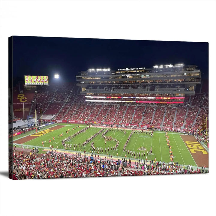 The University of Southern California USC Trojans Football Team Print - Los Angeles Memorial Coliseum Stadium Wall Art Canvas Print beautifully captures a bustling football stadium at night, featuring a marching band on the field. This piece boasts a gallery-quality finish that seamlessly complements any decor.