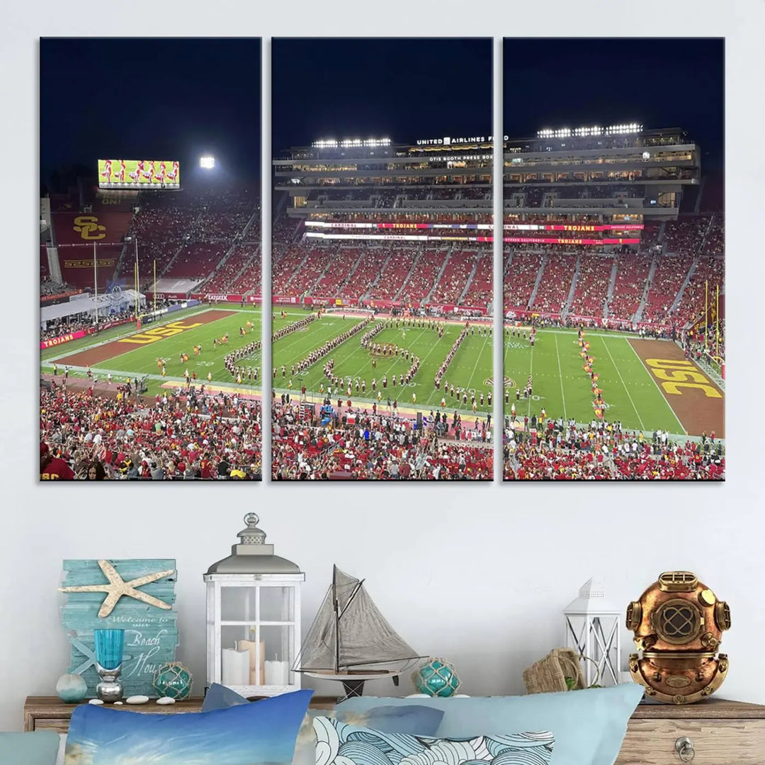 The University of Southern California USC Trojans Football Team Print - Los Angeles Memorial Coliseum Stadium Wall Art Canvas Print beautifully captures a bustling football stadium at night, featuring a marching band on the field. This piece boasts a gallery-quality finish that seamlessly complements any decor.