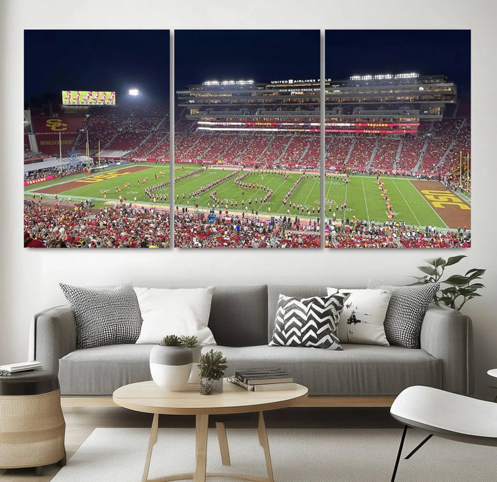 The University of Southern California USC Trojans Football Team Print - Los Angeles Memorial Coliseum Stadium Wall Art Canvas Print beautifully captures a bustling football stadium at night, featuring a marching band on the field. This piece boasts a gallery-quality finish that seamlessly complements any decor.