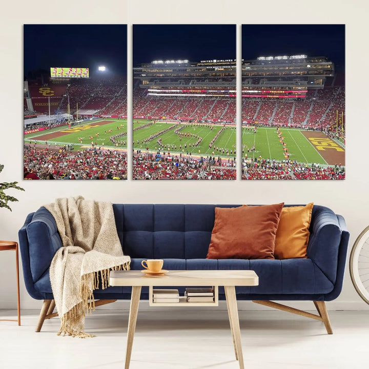 The University of Southern California USC Trojans Football Team Print - Los Angeles Memorial Coliseum Stadium Wall Art Canvas Print beautifully captures a bustling football stadium at night, featuring a marching band on the field. This piece boasts a gallery-quality finish that seamlessly complements any decor.