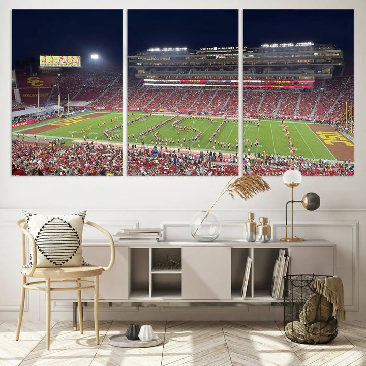 The University of Southern California USC Trojans Football Team Print - Los Angeles Memorial Coliseum Stadium Wall Art Canvas Print beautifully captures a bustling football stadium at night, featuring a marching band on the field. This piece boasts a gallery-quality finish that seamlessly complements any decor.