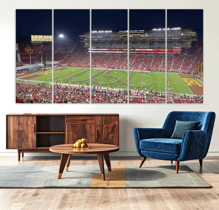 The University of Southern California USC Trojans Football Team Print - Los Angeles Memorial Coliseum Stadium Wall Art Canvas Print beautifully captures a bustling football stadium at night, featuring a marching band on the field. This piece boasts a gallery-quality finish that seamlessly complements any decor.