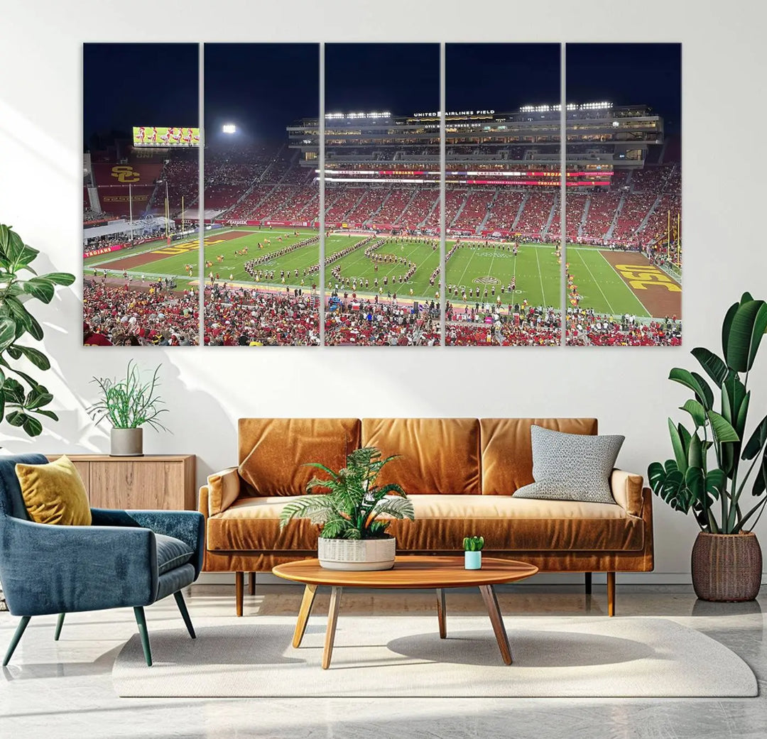 The University of Southern California USC Trojans Football Team Print - Los Angeles Memorial Coliseum Stadium Wall Art Canvas Print beautifully captures a bustling football stadium at night, featuring a marching band on the field. This piece boasts a gallery-quality finish that seamlessly complements any decor.