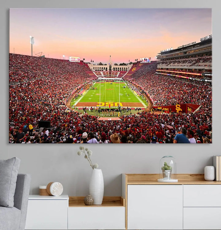 The wall art, titled "The University of Southern California USC Trojans Football Team Print - Los Angeles Memorial Coliseum Stadium Wall Art Canvas Print," enhances the space with its premium canvas and gallery-quality finish.