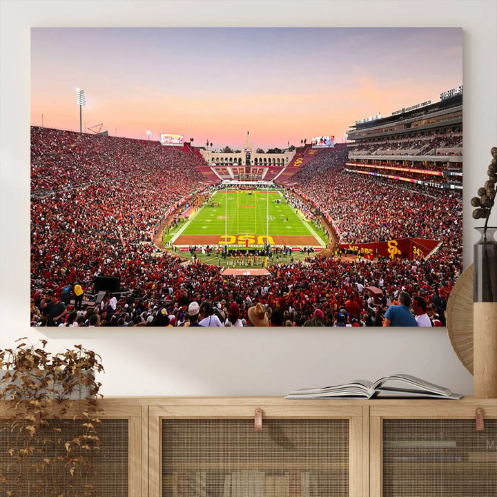 The wall art, titled "The University of Southern California USC Trojans Football Team Print - Los Angeles Memorial Coliseum Stadium Wall Art Canvas Print," enhances the space with its premium canvas and gallery-quality finish.