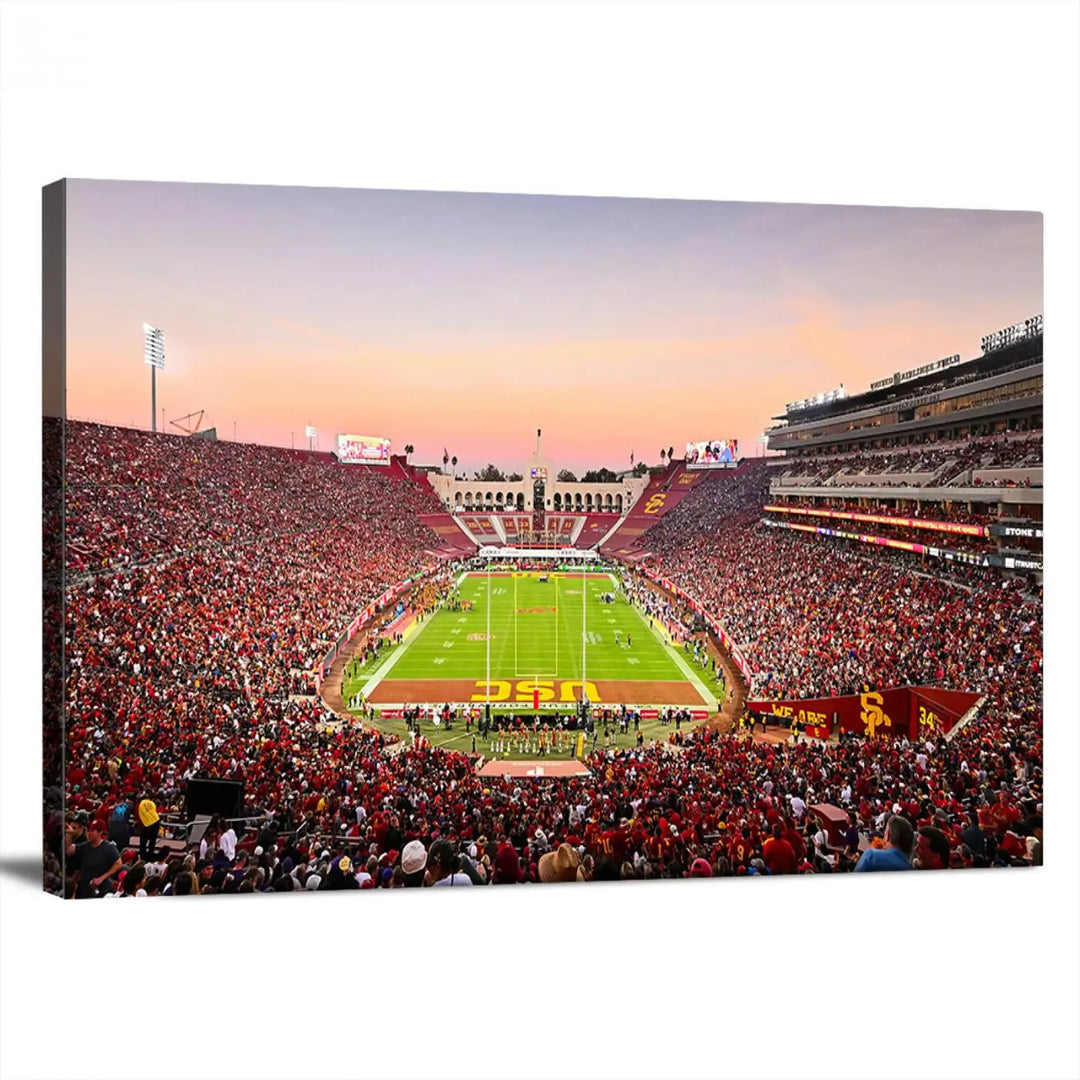 The wall art, titled "The University of Southern California USC Trojans Football Team Print - Los Angeles Memorial Coliseum Stadium Wall Art Canvas Print," enhances the space with its premium canvas and gallery-quality finish.