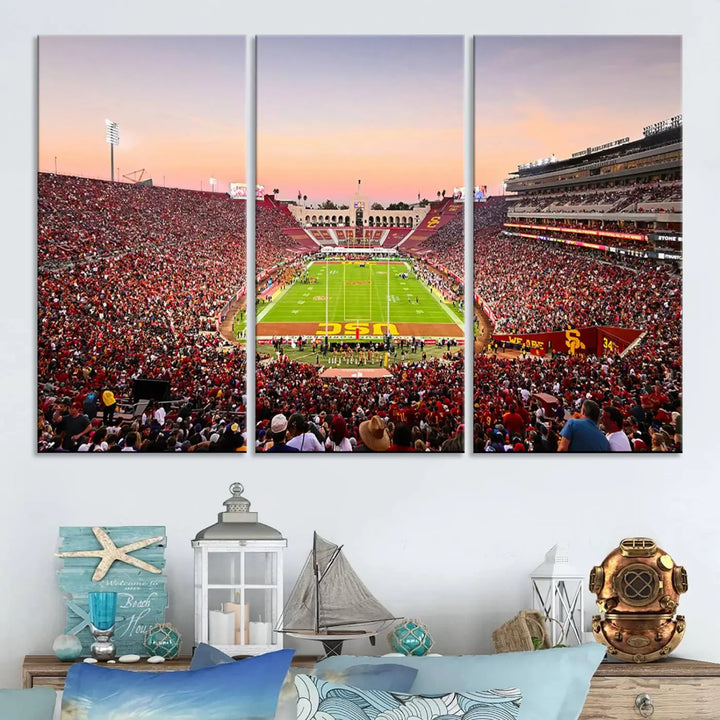 The wall art, titled "The University of Southern California USC Trojans Football Team Print - Los Angeles Memorial Coliseum Stadium Wall Art Canvas Print," enhances the space with its premium canvas and gallery-quality finish.