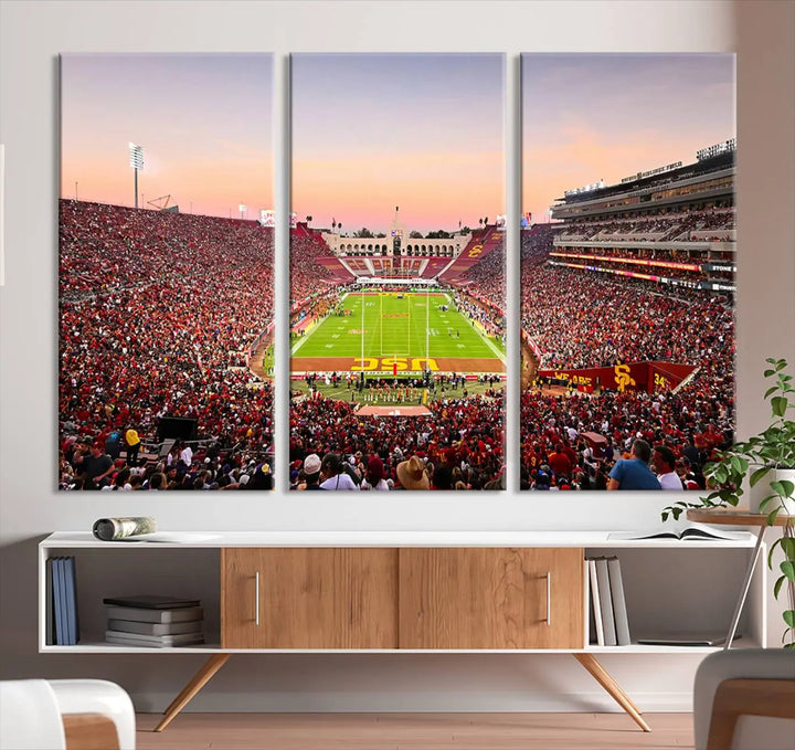 The wall art, titled "The University of Southern California USC Trojans Football Team Print - Los Angeles Memorial Coliseum Stadium Wall Art Canvas Print," enhances the space with its premium canvas and gallery-quality finish.