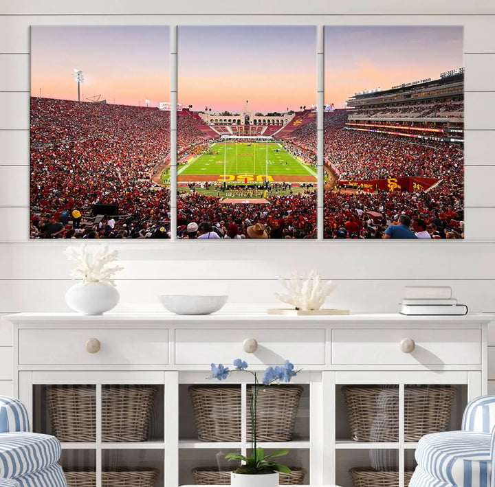 The wall art, titled "The University of Southern California USC Trojans Football Team Print - Los Angeles Memorial Coliseum Stadium Wall Art Canvas Print," enhances the space with its premium canvas and gallery-quality finish.