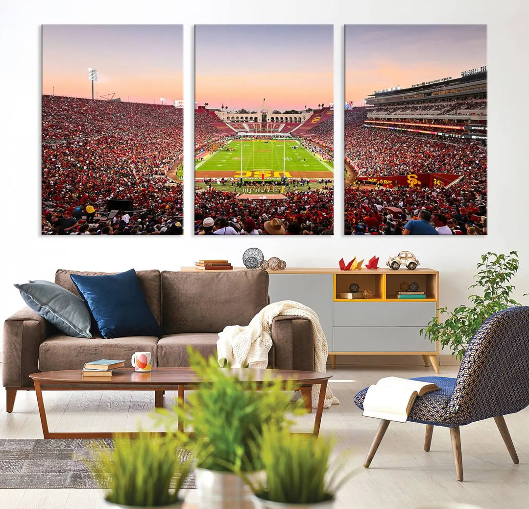 The wall art, titled "The University of Southern California USC Trojans Football Team Print - Los Angeles Memorial Coliseum Stadium Wall Art Canvas Print," enhances the space with its premium canvas and gallery-quality finish.