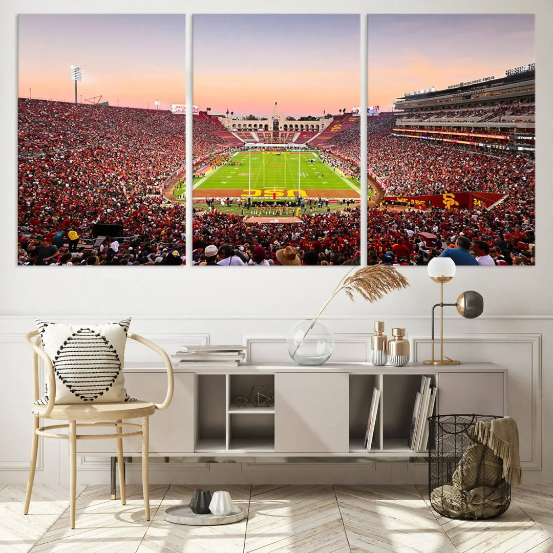 The wall art, titled "The University of Southern California USC Trojans Football Team Print - Los Angeles Memorial Coliseum Stadium Wall Art Canvas Print," enhances the space with its premium canvas and gallery-quality finish.