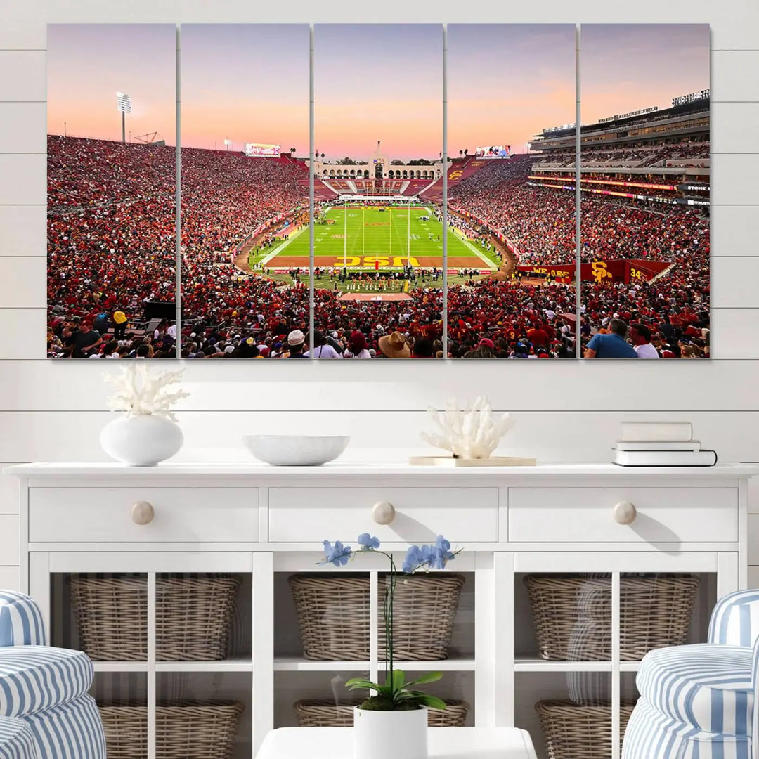 The wall art, titled "The University of Southern California USC Trojans Football Team Print - Los Angeles Memorial Coliseum Stadium Wall Art Canvas Print," enhances the space with its premium canvas and gallery-quality finish.