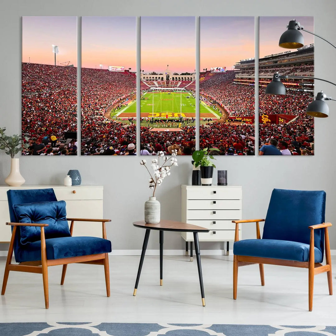 The wall art, titled "The University of Southern California USC Trojans Football Team Print - Los Angeles Memorial Coliseum Stadium Wall Art Canvas Print," enhances the space with its premium canvas and gallery-quality finish.