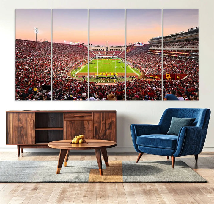 The wall art, titled "The University of Southern California USC Trojans Football Team Print - Los Angeles Memorial Coliseum Stadium Wall Art Canvas Print," enhances the space with its premium canvas and gallery-quality finish.