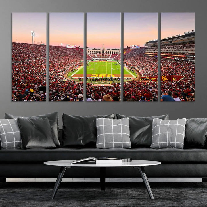 The wall art, titled "The University of Southern California USC Trojans Football Team Print - Los Angeles Memorial Coliseum Stadium Wall Art Canvas Print," enhances the space with its premium canvas and gallery-quality finish.