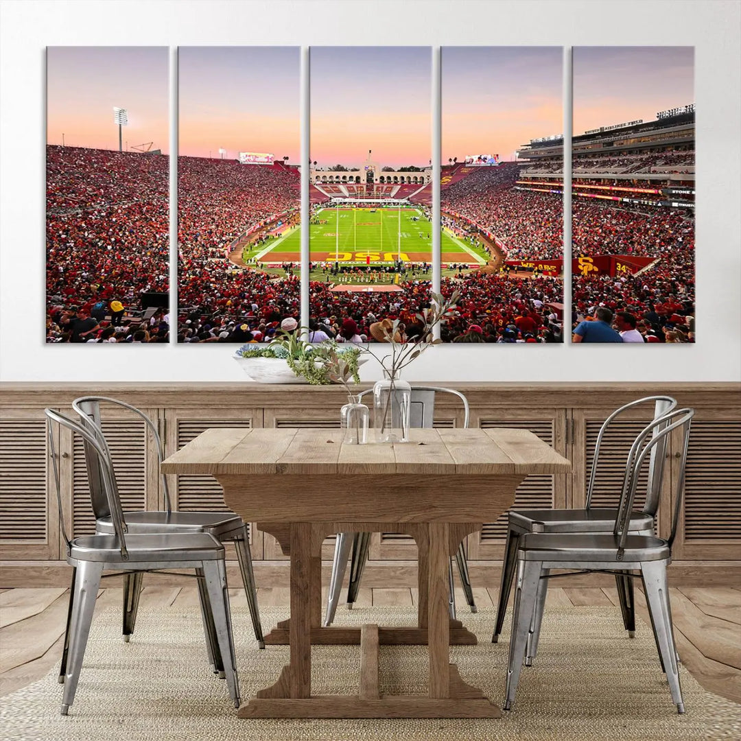 The wall art, titled "The University of Southern California USC Trojans Football Team Print - Los Angeles Memorial Coliseum Stadium Wall Art Canvas Print," enhances the space with its premium canvas and gallery-quality finish.