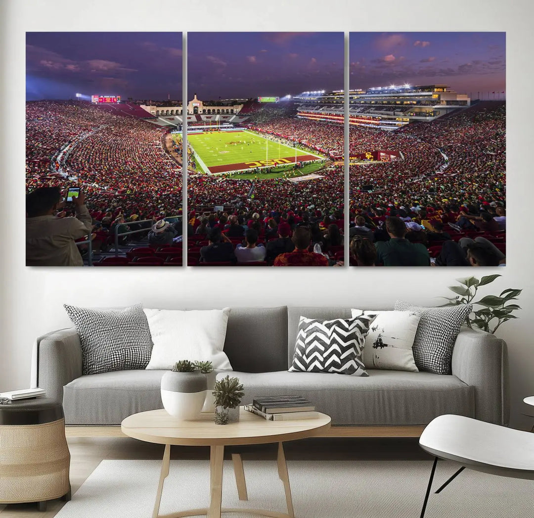 Add a touch of elegance to your living space with "The University of Southern California USC Trojans Football Team Print." This stunning canvas print captures the vibrant atmosphere of the Los Angeles Memorial Coliseum at night. Crafted on premium canvas, it features a gallery-quality finish that elevates any décor.