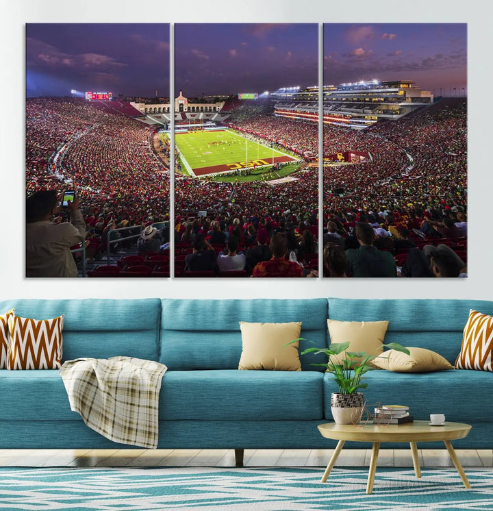 Add a touch of elegance to your living space with "The University of Southern California USC Trojans Football Team Print." This stunning canvas print captures the vibrant atmosphere of the Los Angeles Memorial Coliseum at night. Crafted on premium canvas, it features a gallery-quality finish that elevates any décor.